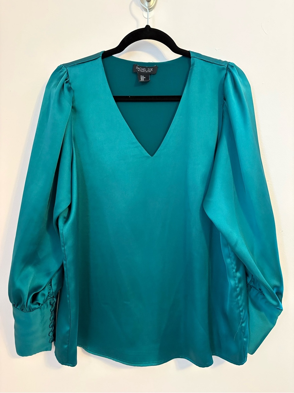 Rachel Zoe Teal Satin V-Neck Blouse with Button Cuffs